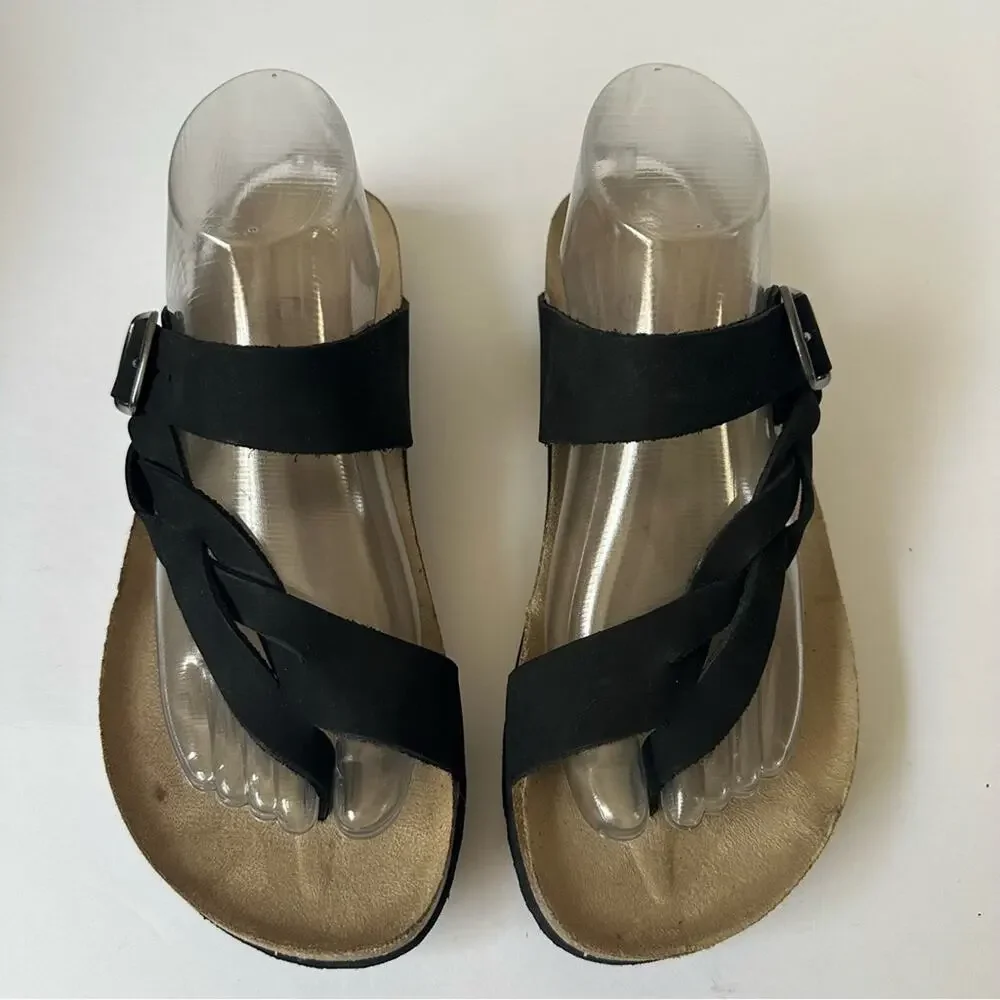 Mountain Sole Black Leather Braided Strap Sandals US 8 Cork Footbed Buckle